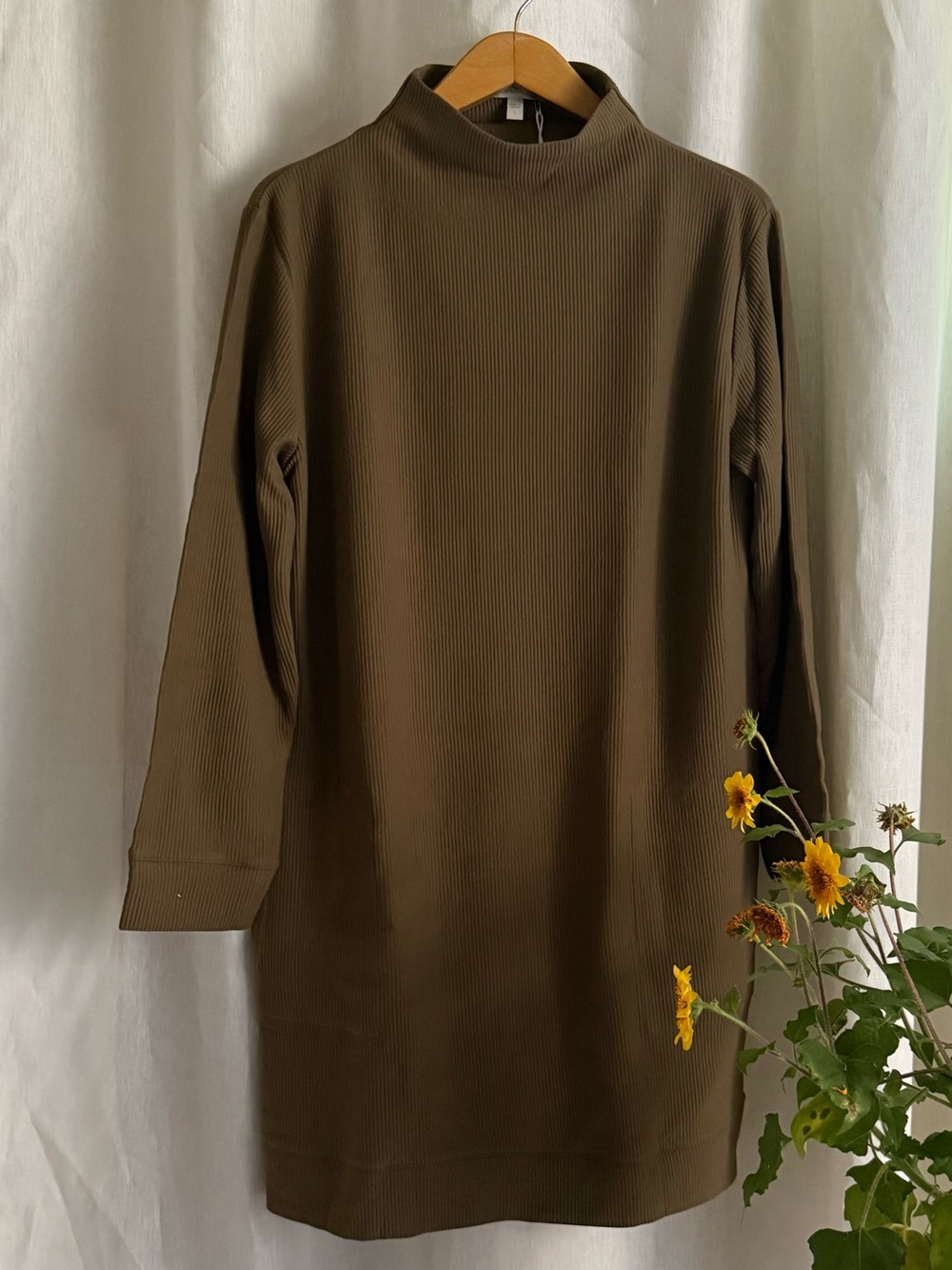 Garnet Hill NWT Organic Cotton Ribbed Dress L Large Olive Brown Mock Neck Tunic